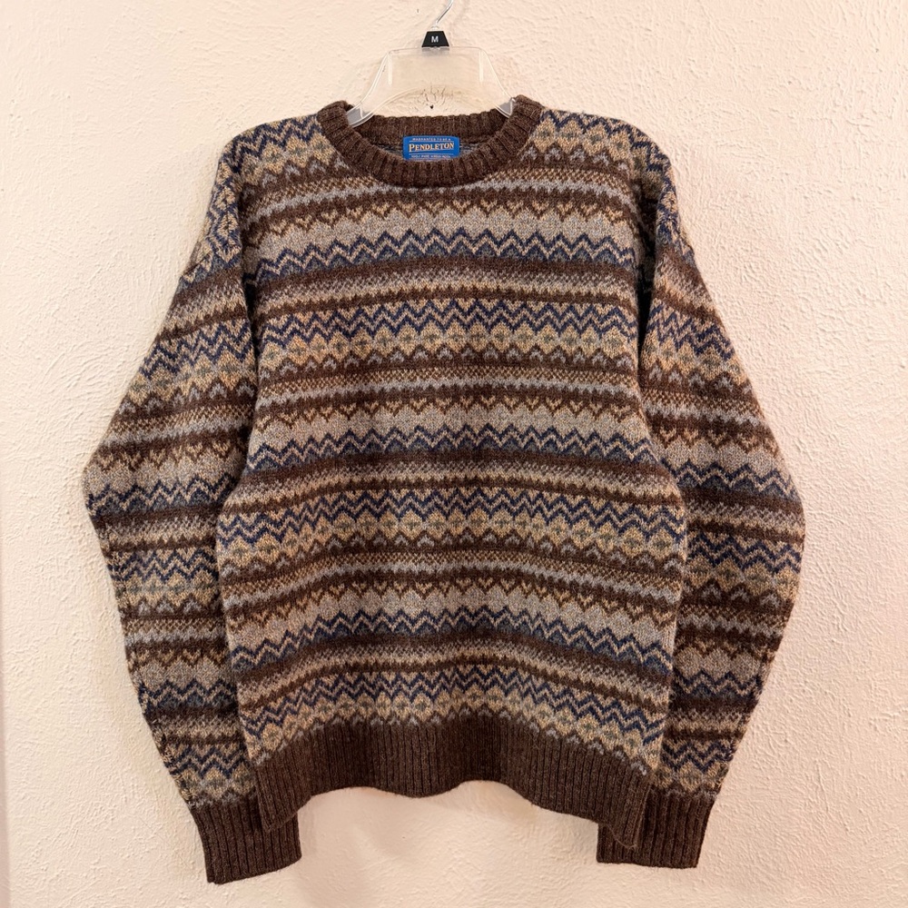 Pendleton brown geometric print wool crew sweater - image 1